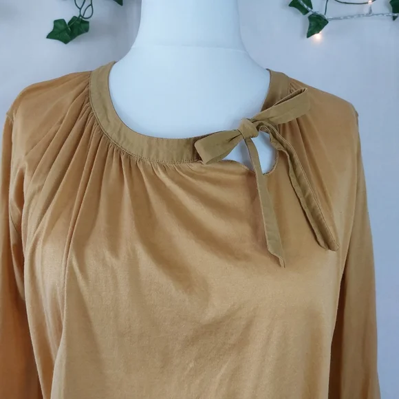COS Mustard Yellow Side Tie Neck 3/4 Sleeve Relaxed Top Size M 100% Cotton Light - Picture 2 of 10